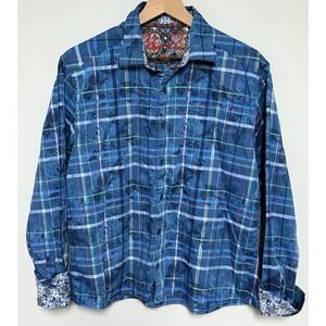 Robert Graham Mens Button Front Shirt Floral Flip Cuff Blue Plaid Classic Size L
